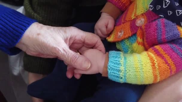 Niedliche Kind und Großmutter Hand in Hand. Alterndes Konzept — Stockvideo