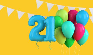 Mutlu 21. yaş günü renkli parti balonları ve kiraz kuşu. 3d Hazırlama