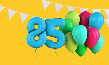 85. yaş günün kutlu olsun renkli parti balonları ve kiraz kuşu. 3d Hazırlama