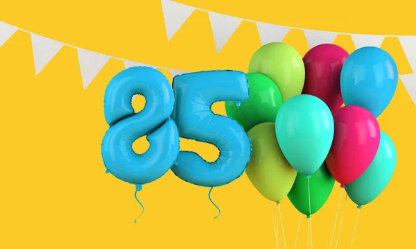 Szczęśliwych 85th urodziny kolorowe balony party i bunting. 3d Renderowanie — Zdjęcie stockowe