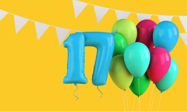 17. yaş günün kutlu olsun renkli parti balonları ve kiraz kuşu. 3d Hazırlama