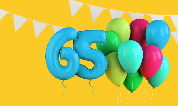 Buon 65esimo compleanno palloncini festa colorati e bunting. Render 3D — Foto Stock