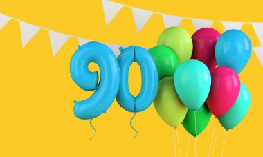 90. yaş günün kutlu olsun renkli parti balonları ve kiraz kuşu. 3d Hazırlama