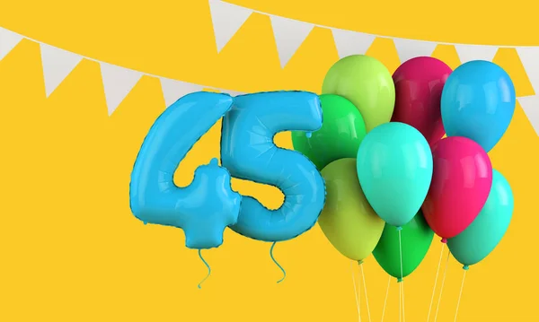 Happy 45th birthday colorful party balloons and bunting. 3D Render