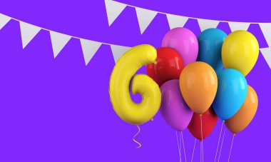 Altıncı yaş günün kutlu olsun renkli parti balonları ve kiraz kuşu. 3d Hazırlama