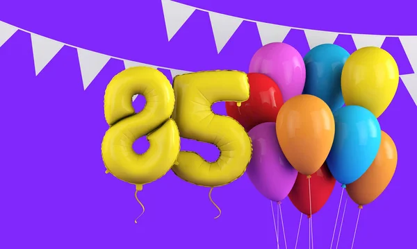 Buon 85esimo compleanno palloncini festa colorati e bunting. Render 3D — Foto Stock