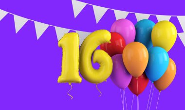 16. yaş günün kutlu olsun renkli parti balonları ve kiraz kuşu. 3d Hazırlama