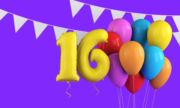 Szczęśliwych 16 urodziny kolorowe balony party i bunting. 3d Renderowanie — Zdjęcie stockowe