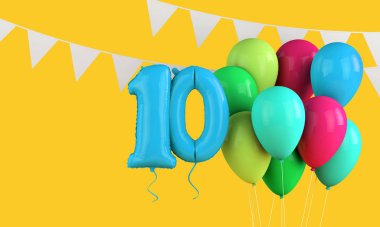 10. yaş günün kutlu olsun renkli parti balonları ve kiraz kuşu. 3d Hazırlama