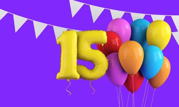 Feliz 15 cumpleaños coloridos globos de fiesta y bunting. Renderizado 3D — Foto de Stock
