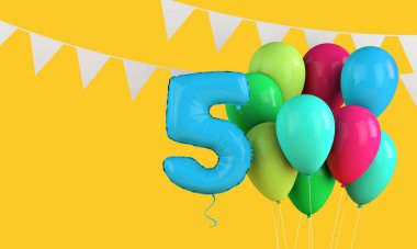 Beşinci yaş günün kutlu olsun renkli parti balonları ve kiraz kuşu. 3d Hazırlama