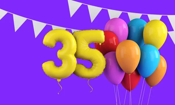 Feliz aniversário de 35 anos balões de festa coloridos e bunting. Renderização 3D — Fotografia de Stock