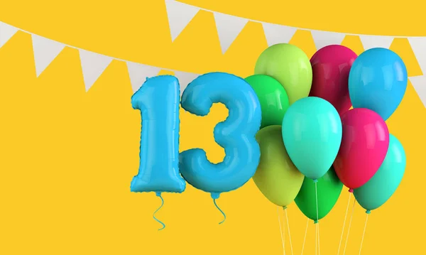 Buon 13 compleanno palloncini festa colorati e bunting. Render 3D — Foto Stock