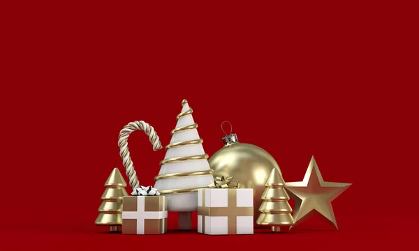 Navidad festiva de oro y árboles blancos, gitfs y decoraciones. Renderizado 3D — Foto de Stock