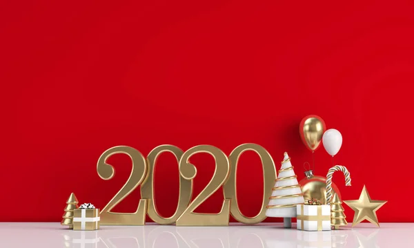 Buon Natale 2020 con regali, alberi di Natale, decorazioni. rendering 3d — Foto Stock