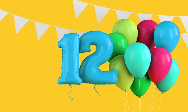 12. yaş günün kutlu olsun renkli parti balonları ve kiraz kuşu. 3d Hazırlama — Stok fotoğraf
