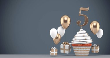 5 numaralı balonlu ve hediyeli doğum günü pastası. 3d Hazırlama