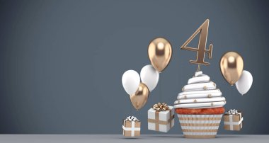 4 numaralı balonlu ve hediyeli doğum günü pastası. 3d Hazırlama