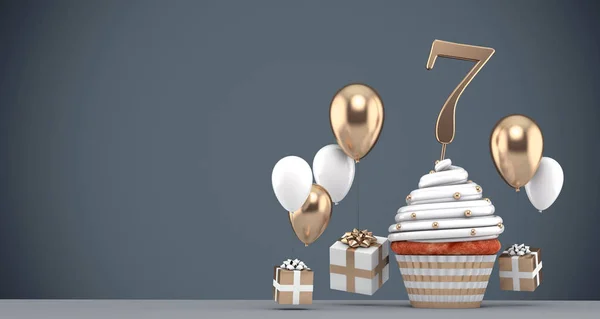 Number 7 gold birthday cupcake with balloons and gifts. 3D Render
