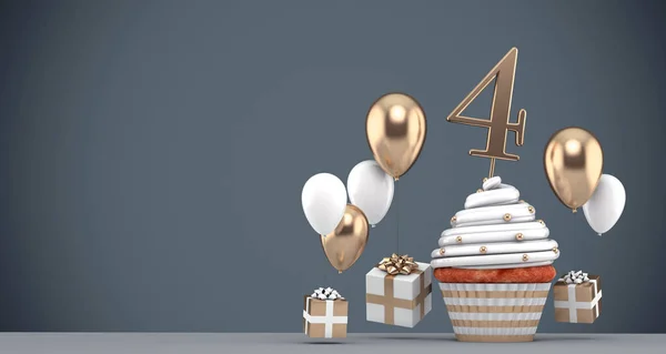 Nummer 4 goldener Geburtstagskuchen mit Luftballons und Geschenken. 3D-Darstellung — Stockfoto