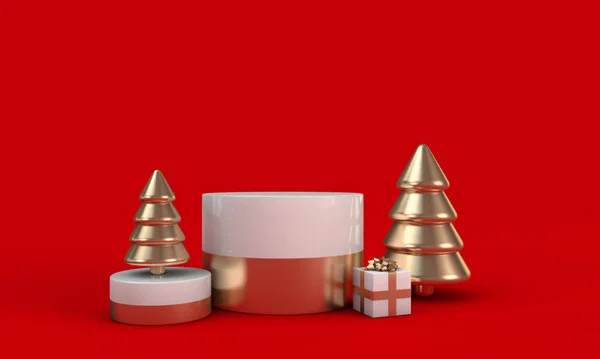 Natal festivo abstrato ouro branco vermelho rodada pódio vazio. Renderização 3D — Fotografia de Stock