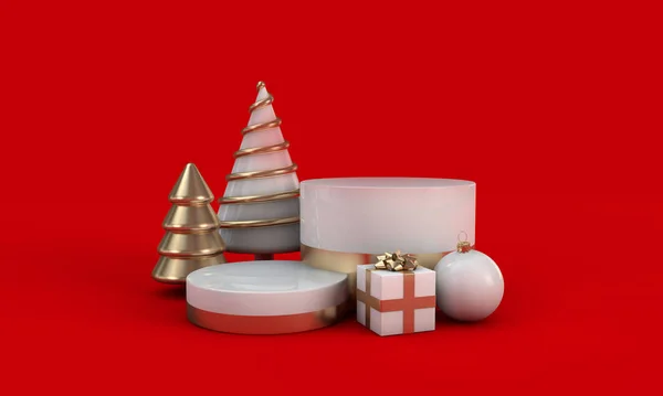 Natal festivo abstrato ouro branco vermelho rodada pódio vazio. Renderização 3D — Fotografia de Stock