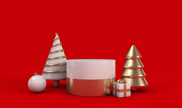 Праздничное Рождество абстрактное красное белое золото круглый подиум пустой стенд. 3D Render — стоковое фото