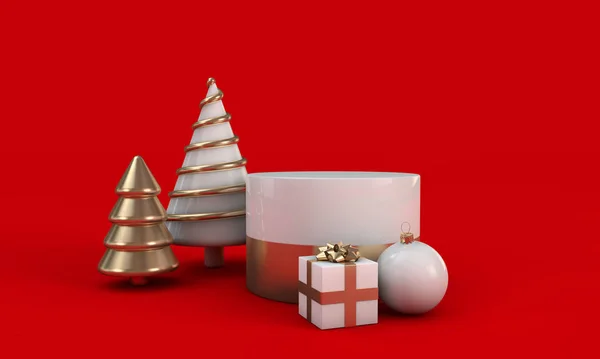 Festive christmas abstract red white gold round podium empty stand. 3D Render — Stock Photo, Image