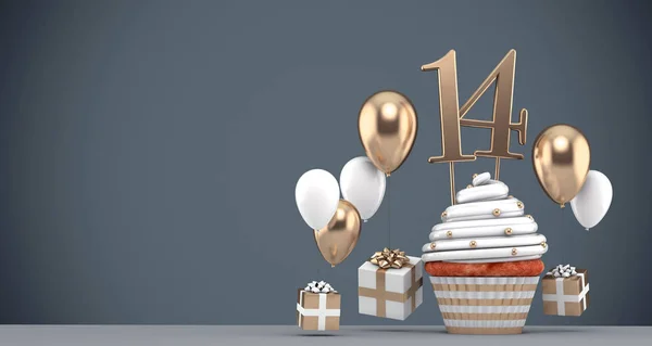 Νούμερο 14 χρυσό κεκάκι γενεθλίων με μπαλόνια και δώρα. 3d αποτύπωση — Φωτογραφία Αρχείου