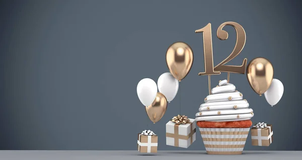 Номер 12 золотий кекс на день народження з повітряними кулями та подарунками. 3D рендеринг — стокове фото