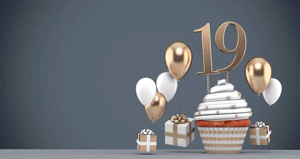 Nummer 19 gouden verjaardagscup met ballonnen en cadeaus. 3d Render — Stockfoto