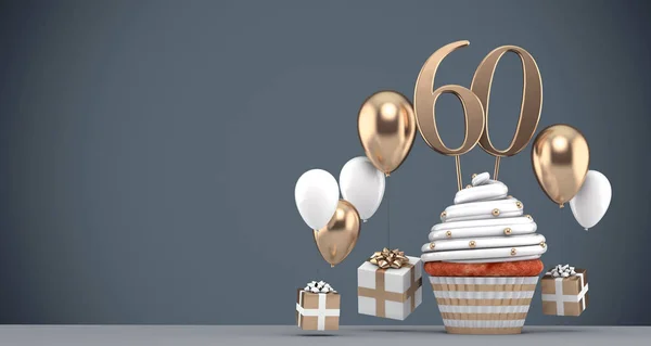 Cupcake d'oro numero 60 con palloncini e regali. Render 3D — Foto Stock