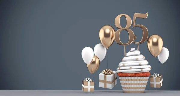 Nummer 85 goldener Geburtstagskuchen mit Luftballons und Geschenken. 3D-Darstellung — Stockfoto