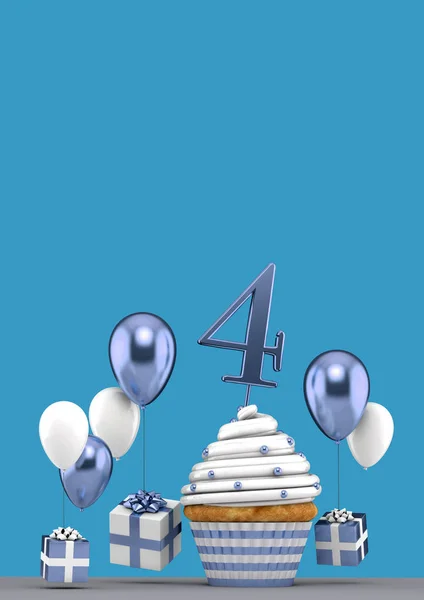 풍선 과 선물이 들어 있는 파란 생일 컵 케익 4 번. 3D 렌더링 — 스톡 사진