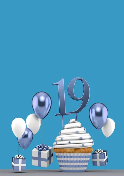 Number 19 blue birthday cupcake with balloons and gifts. 3D Render