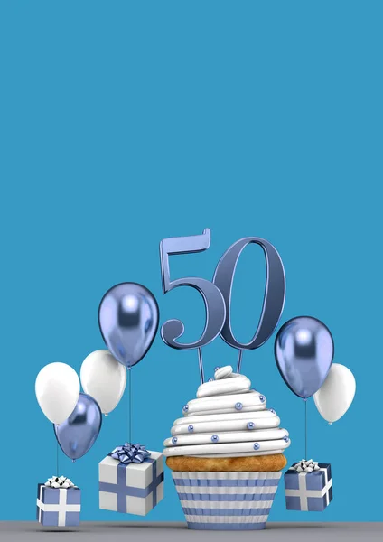 Νούμερο 50 μπλε κεκάκι γενεθλίων με μπαλόνια και δώρα. 3d αποτύπωση — Φωτογραφία Αρχείου