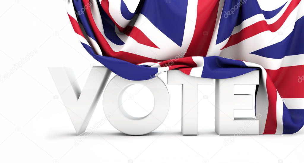 UK vote concept. Vote word covered in british union jack flag. 3D Render
