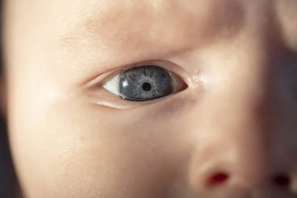 Zbliżenie niebieskiego oka 3-miesięcznego chłopca — Zdjęcie stockowe