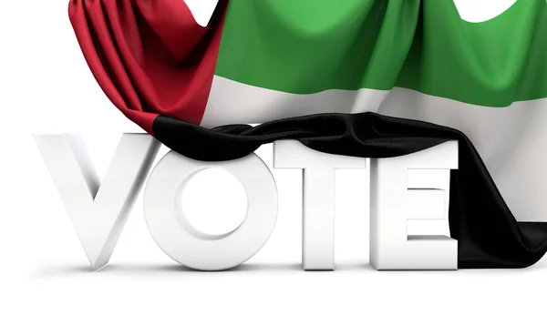 Conceito de voto nos Emirados Árabes Unidos. Voto palavra coberta na bandeira nacional. Renderização 3D — Fotografia de Stock