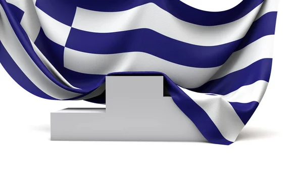 Görögország zászlaja a verseny győzteseinek pódiumára terült el. 3d Renderelés — Stock Fotó
