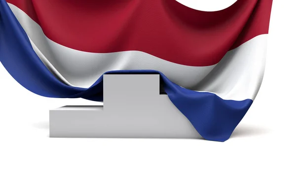 Netherlands flag draped over a competition winners podium. 3D Render — Stock Photo, Image