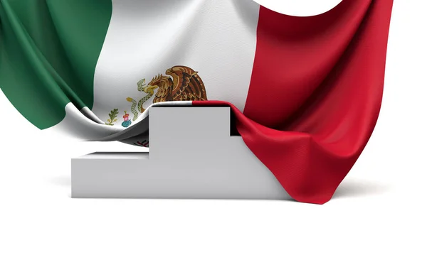 Mexico flag draped over a competition winners podium. 3D Render — Stock Photo, Image