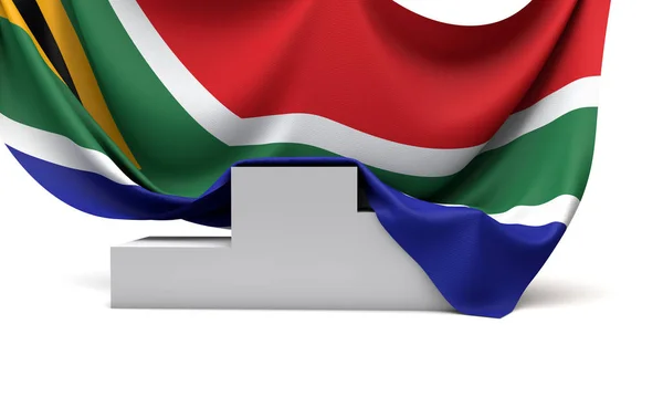 Sydafrika flaggan draperade över en tävling vinnare pallen. 3d Uppsägning — Stockfoto