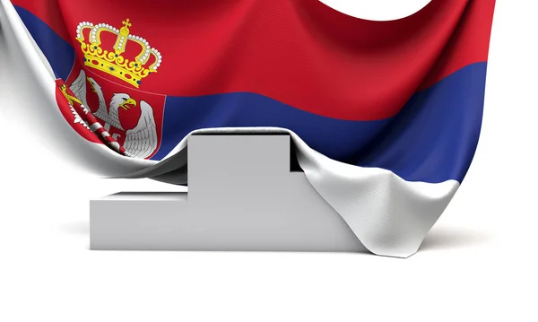 Bandera de Serbia cubrió el podio de los ganadores de un concurso. Renderizado 3D — Foto de Stock