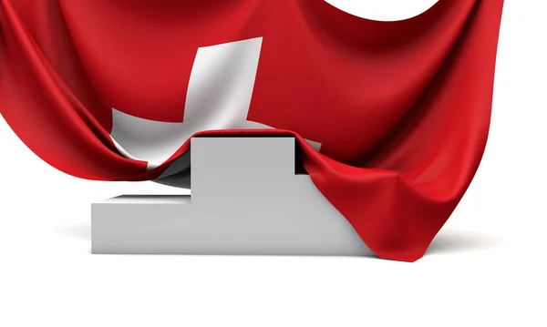Switzerland flag draped over a competition winners podium. 3D Render — 스톡 사진