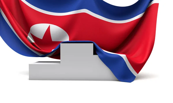 A bandeira da Coreia do Norte cobriu um pódio de vencedores da competição. Renderização 3D — Fotografia de Stock