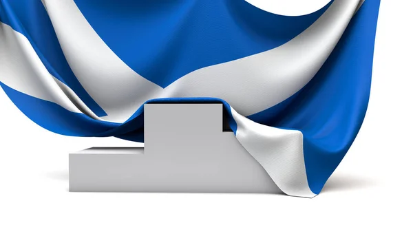 Scotland flag draped over a competition winners podium. 3D Render — 스톡 사진