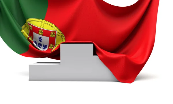 Bandera de Portugal cubrió el podio de los ganadores de un concurso. Renderizado 3D —  Fotos de Stock