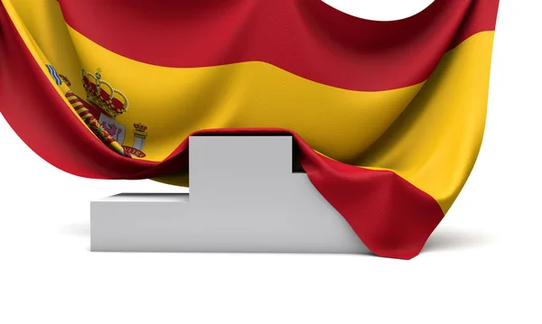 Bandera de España envuelta sobre un podio de ganadores del concurso. Renderizado 3D —  Fotos de Stock