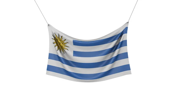 Bandera de tela colgante de bandera nacional de Uruguay. Renderizado 3D — Foto de Stock